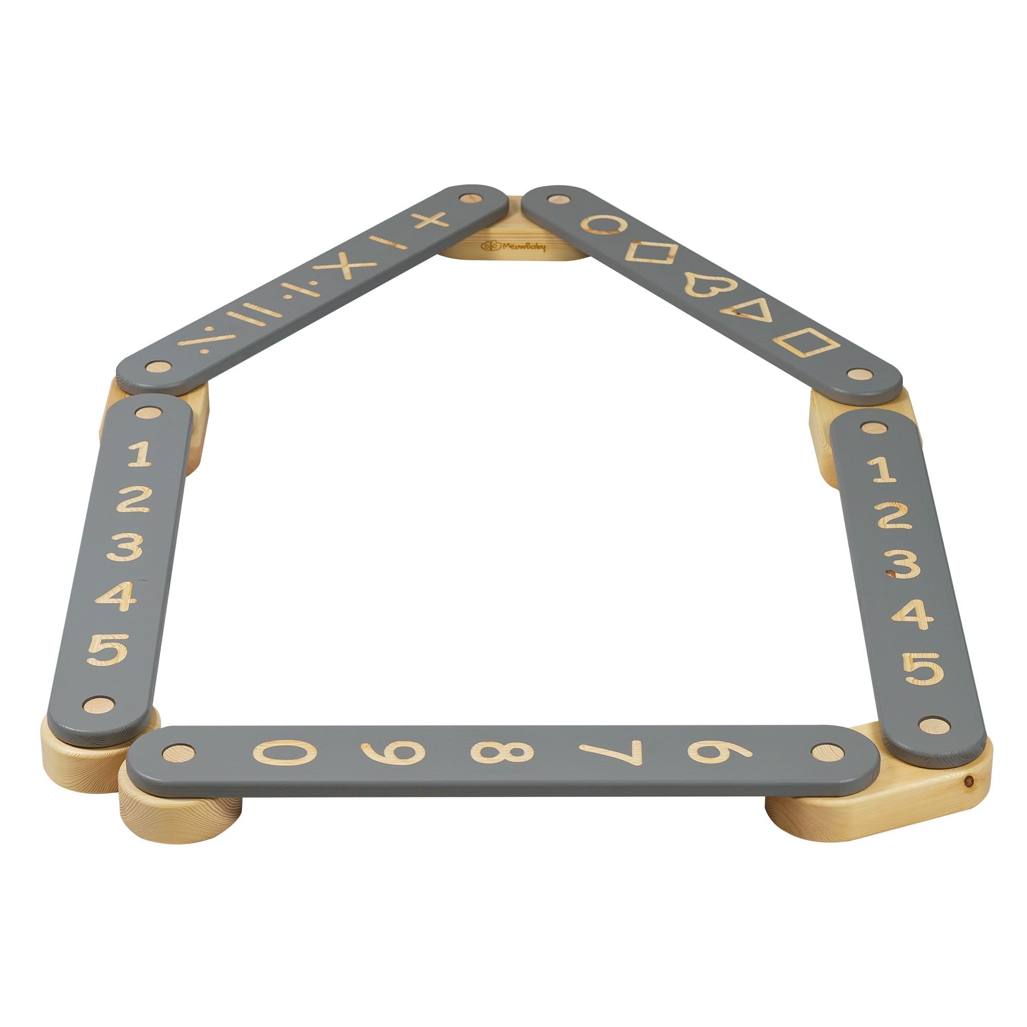 1. Wooden balance beam with black surface featuring numbers and geometric shapes, arranged in a pentagon shape