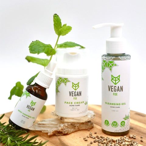 4. Vegan Fox Acne Care Face Set with face cream, spot control gel, and cleansing gel, displayed with natural elements