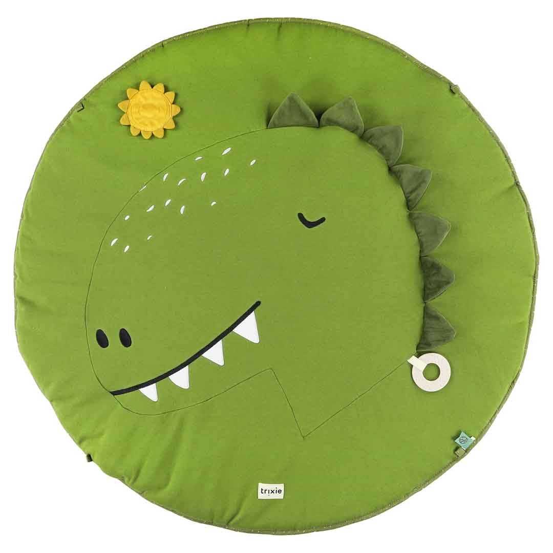 3. Close-up of green dinosaur face on play mat with textured sun and wooden ring, highlighting playful design