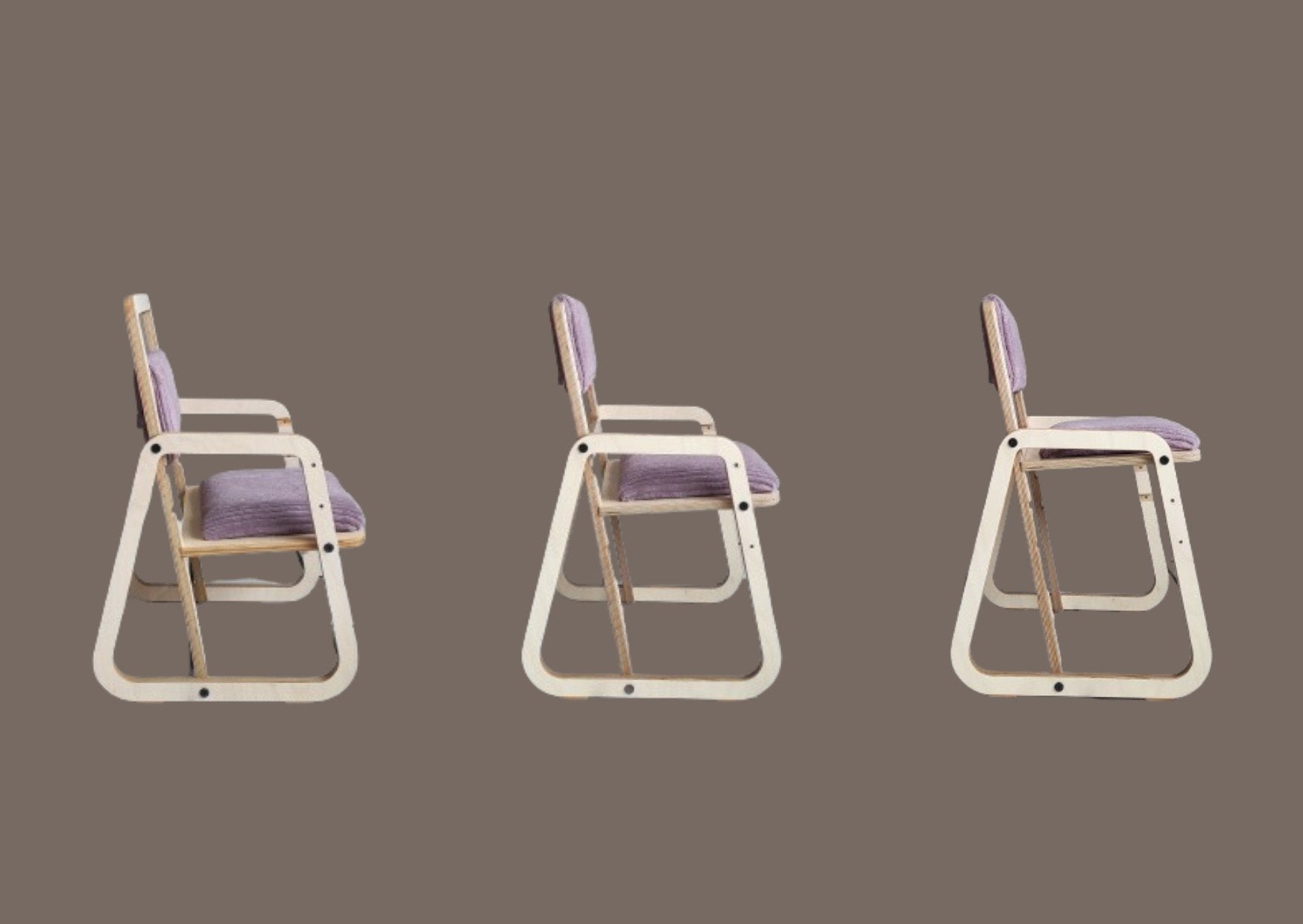 6. Side view of three adjustable children's chairs in cannon pink showing different heights