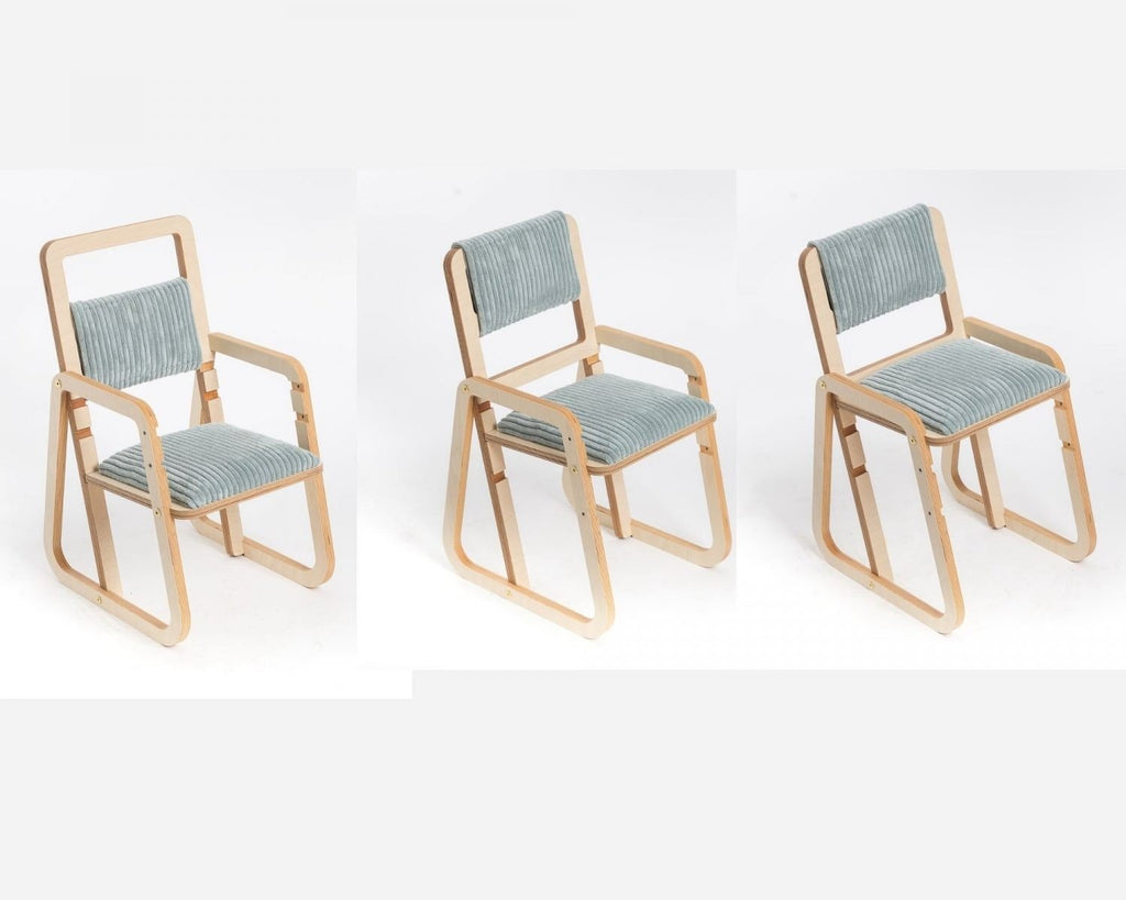 10. Three front views of adjustable mint green children's chair on white background