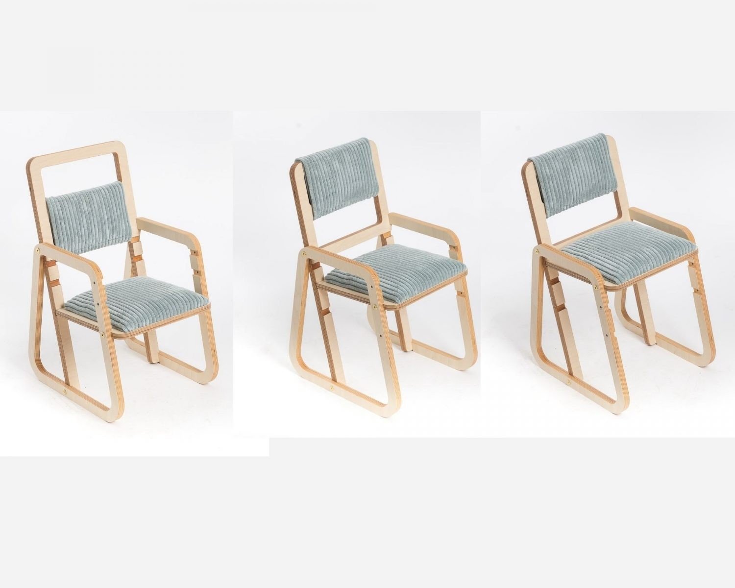 10. Three front views of adjustable mint green children's chair on white background
