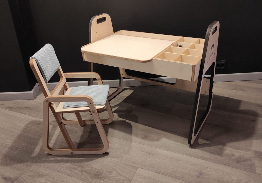 4. Children's mint green chair paired with wooden desk on wooden floor