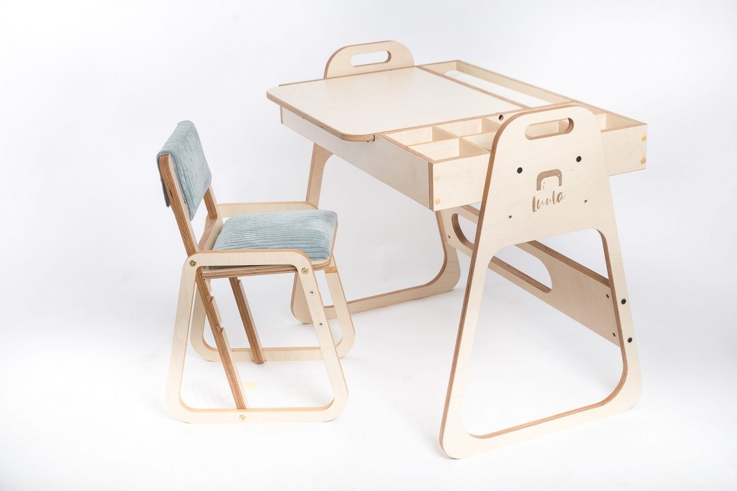 11. Mint green children's chair with matching desk on white background