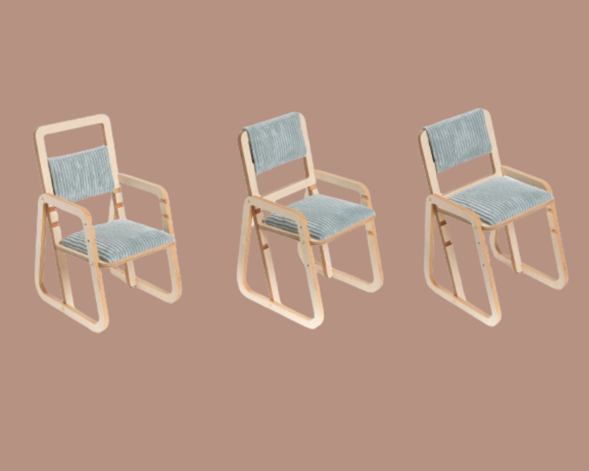 2. Three front views of adjustable children's chair on a brown background