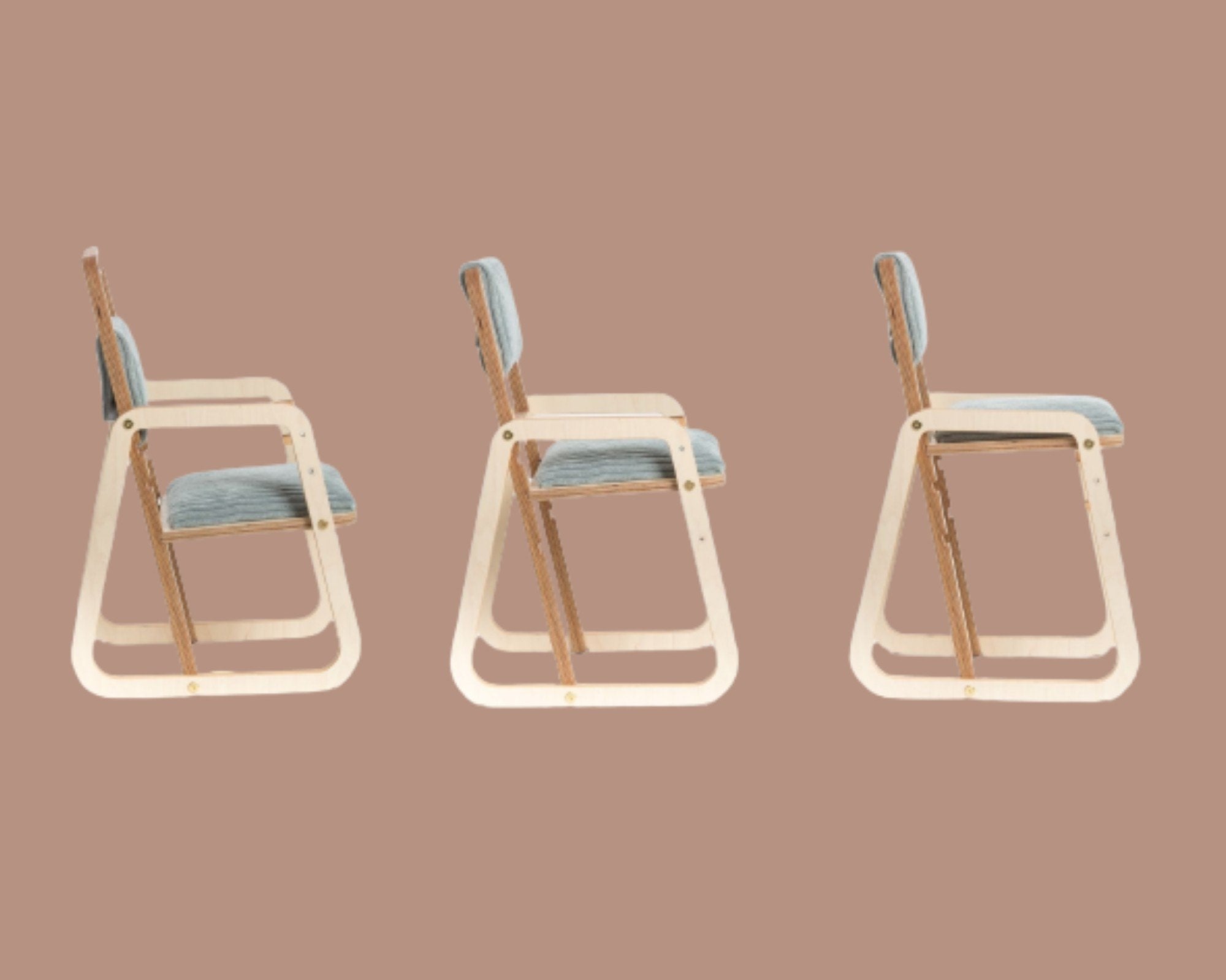 2. Three side views of adjustable children's chair on a brown background