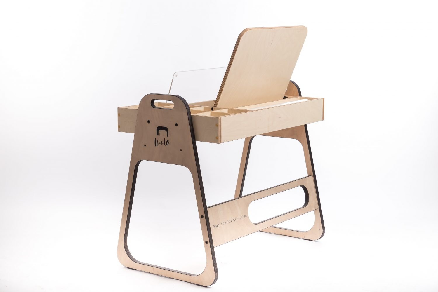 8. Front view of Luula Julle table with chalkboard and storage, emphasizing functionality