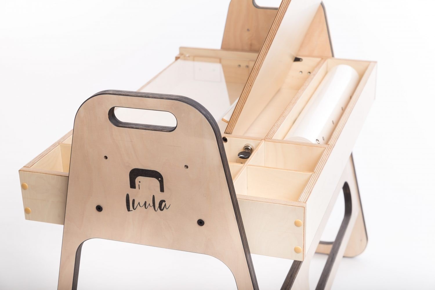 4. Luula Julle table with storage compartments and paper roll, shown in mint green