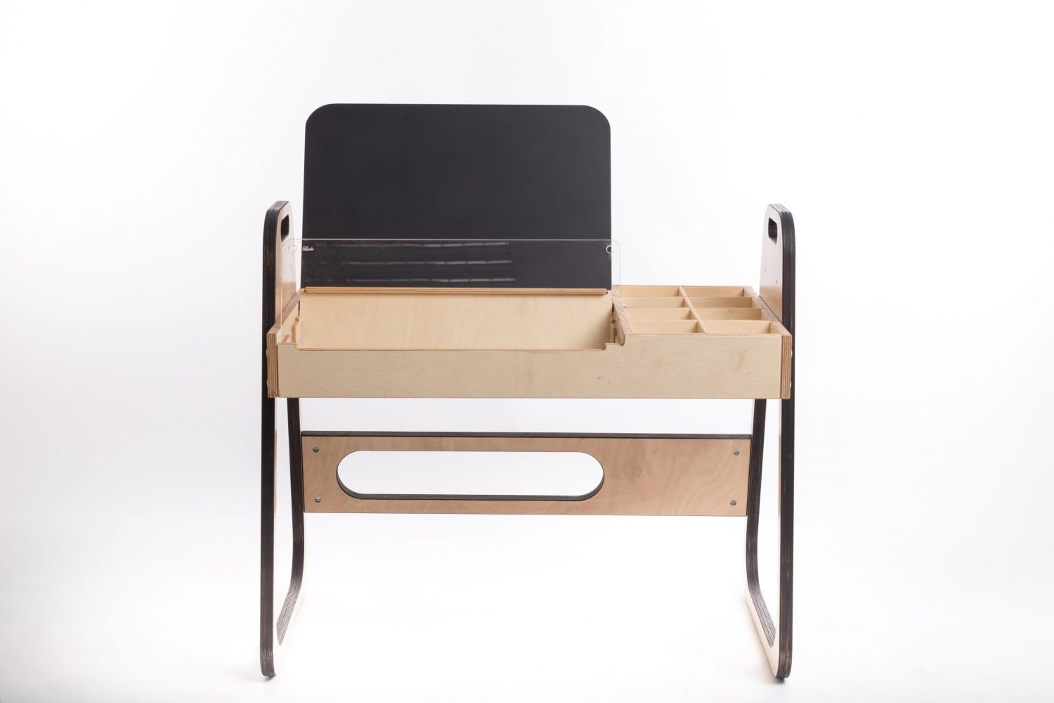 3. Front view of Montessori table with chalkboard surface in a studio