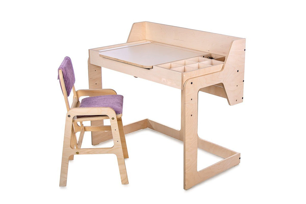 9. Adjustable children's table and chair set in birch plywood with purple cushion, featuring a smooth laminated surface and storage compartments.