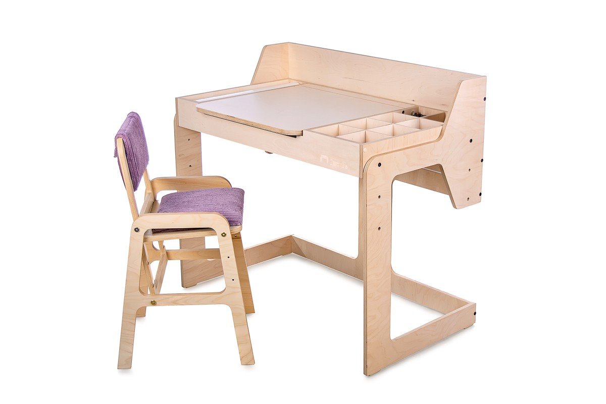 9. Adjustable children's table and chair set in birch plywood with purple cushion, featuring a smooth laminated surface and storage compartments.