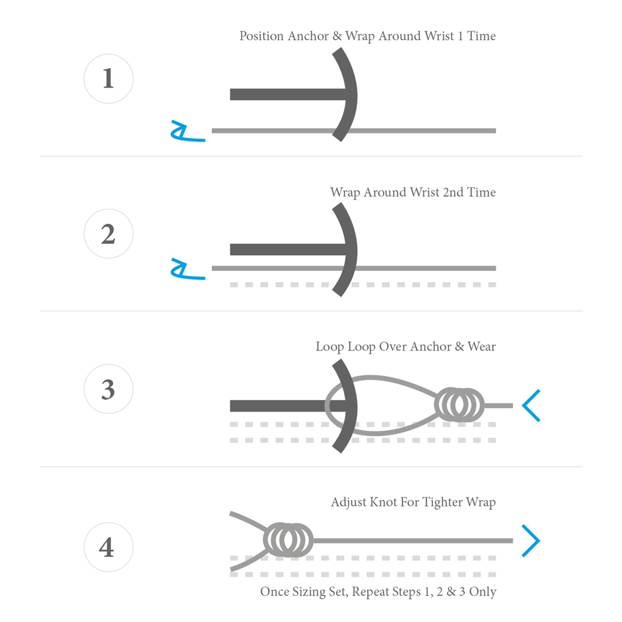 4. Size chart showing how to adjust ANCHOR & CREW Admiral Anchor bracelet for perfect fit