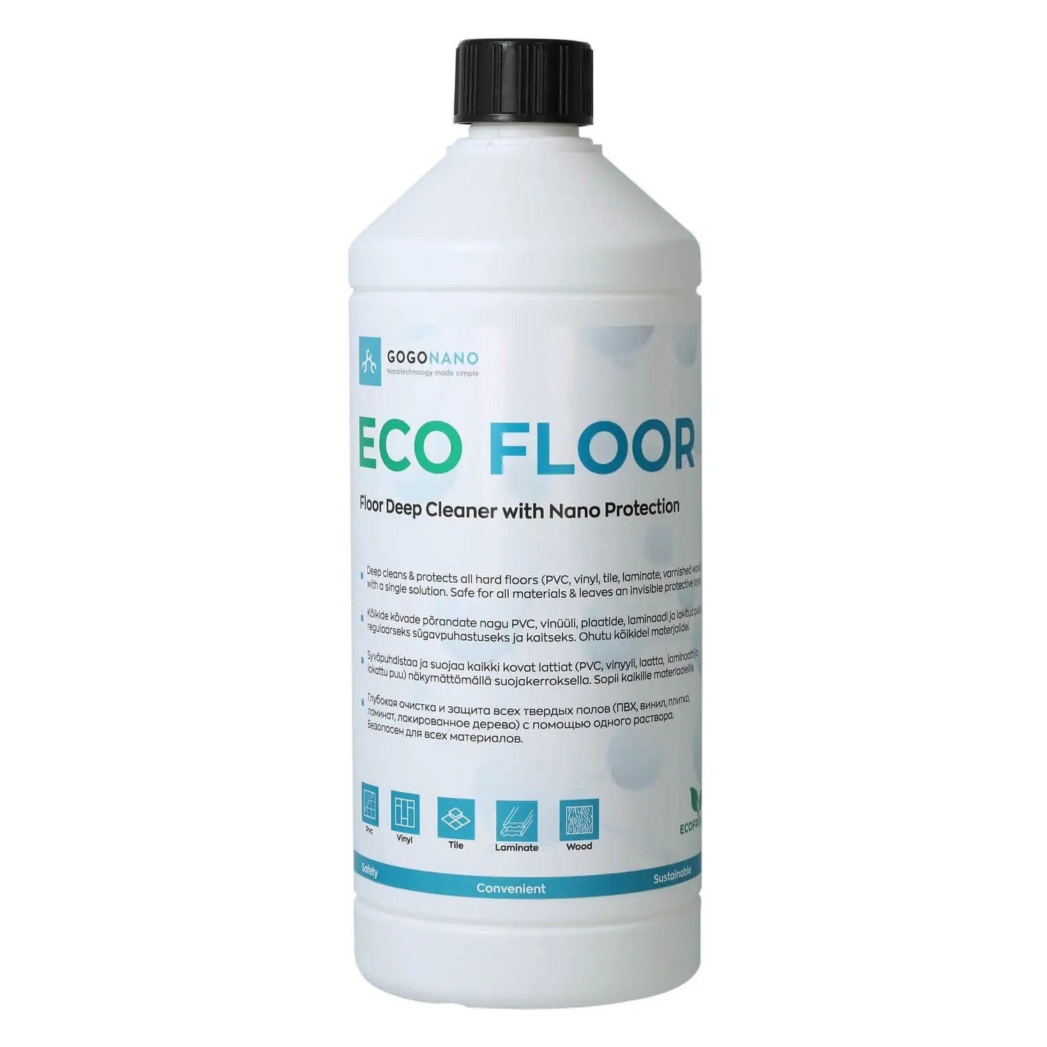 2. GoGoNano EcoFloor natural floor cleaner 1L bottle with label detailing nano protection and eco-friendly features