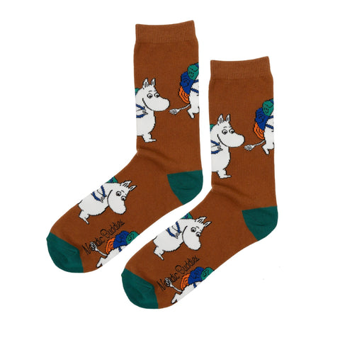 5. Pair of brown Moomin socks with character design, laid out flat showing both sides