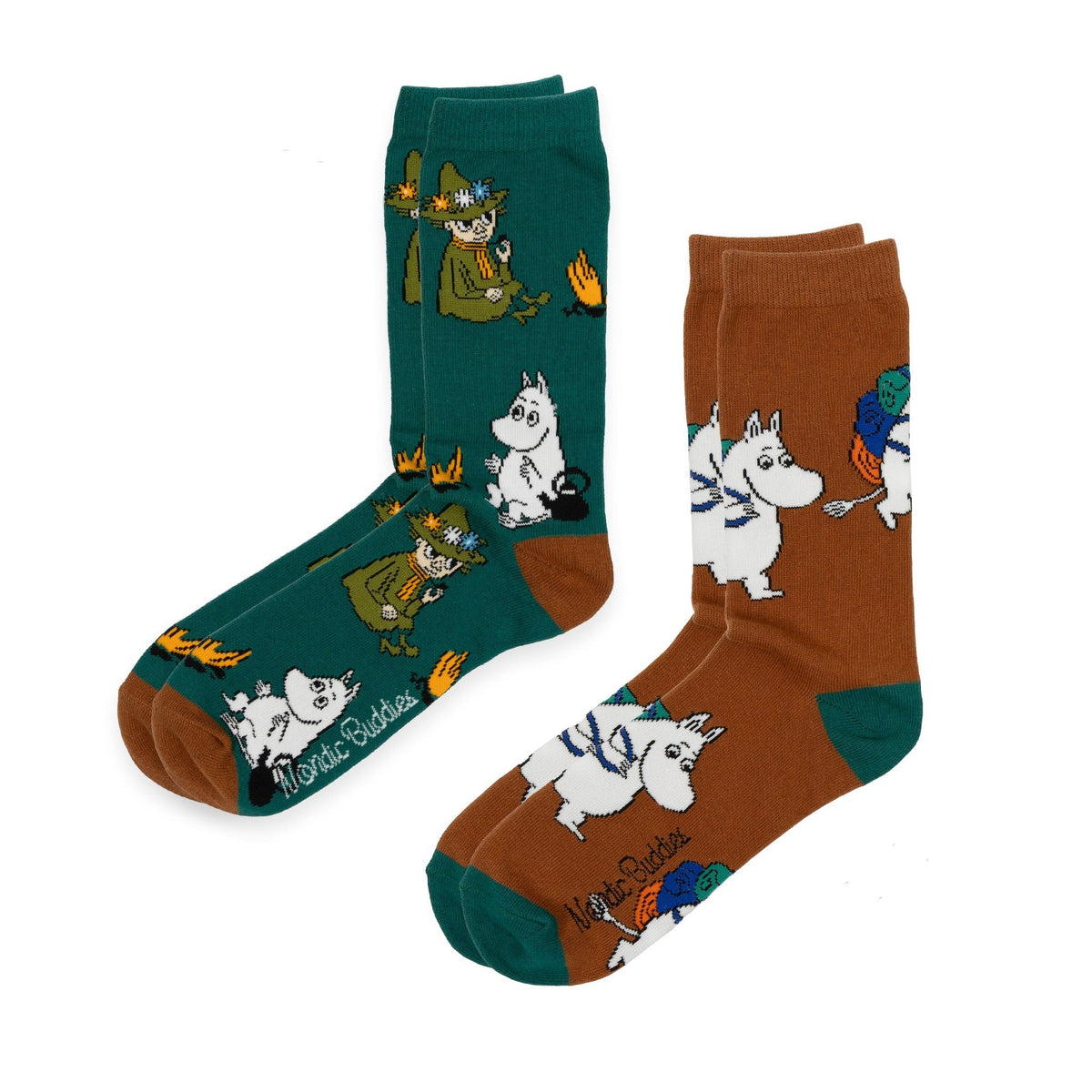 2. Two pairs of Moomin socks, one green and one brown, featuring Moomin characters, laid out flat