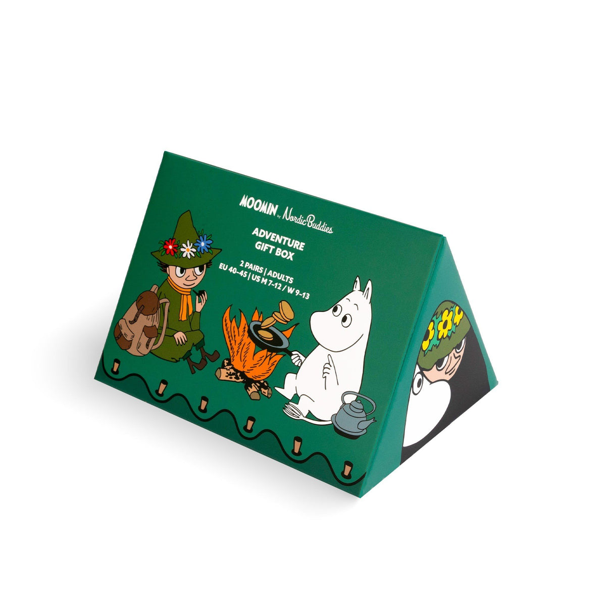 4. Moomin by NordicBuddies Adventure Gift Box packaging, green with Moomin characters and campfire illustration