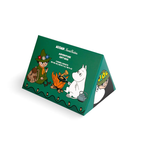 4. Moomin by NordicBuddies Adventure Gift Box packaging, green with Moomin characters and campfire illustration