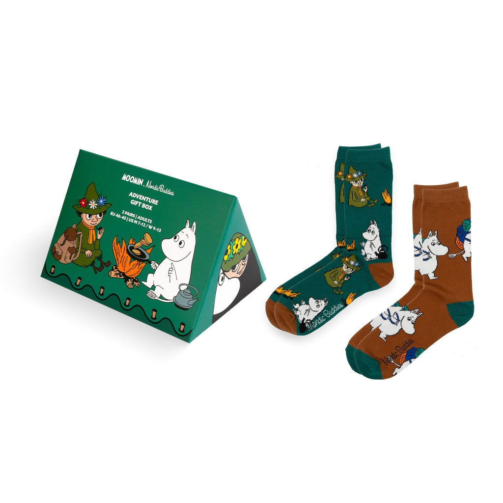 1. Moomin by NordicBuddies Adventure Gift Box with two pairs of socks, featuring green and brown designs with Moomin characters, displayed with packaging
