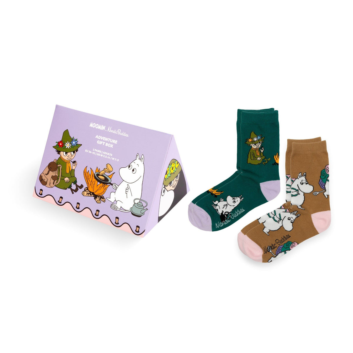 1. Adventure gift box with two pairs of socks, one green and one brown, featuring Moomin characters, by NordicBuddies