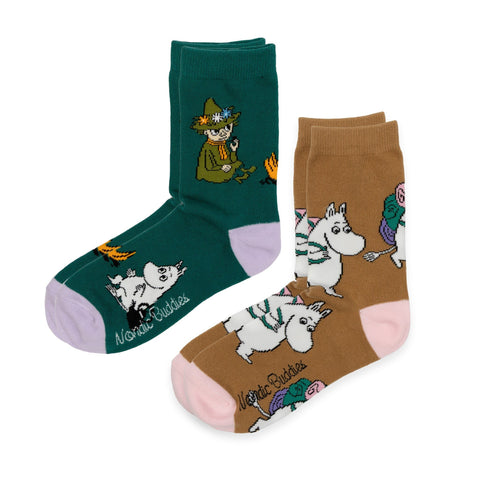 2. Two pairs of socks, one green with Snufkin character, one brown with Moomin, both with pink toes, NordicBuddies branding