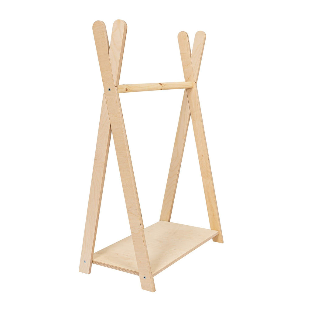 2. MeowBaby Tipi clothing rack for children in natural wood with minimalist design and bottom shelf in studio setting