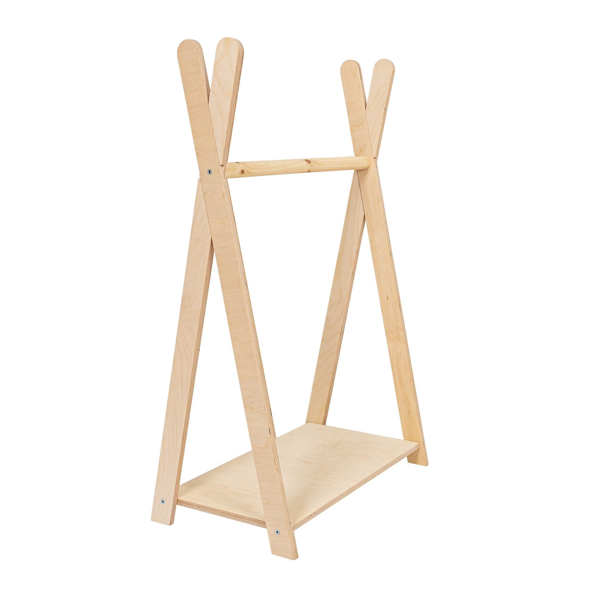 2. MeowBaby Tipi clothing rack for children in natural wood with minimalist design and bottom shelf in studio setting