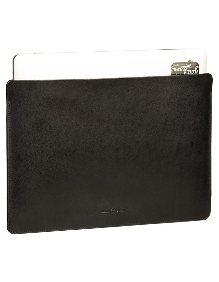5. Black leather laptop sleeve with laptop and card partially inserted
