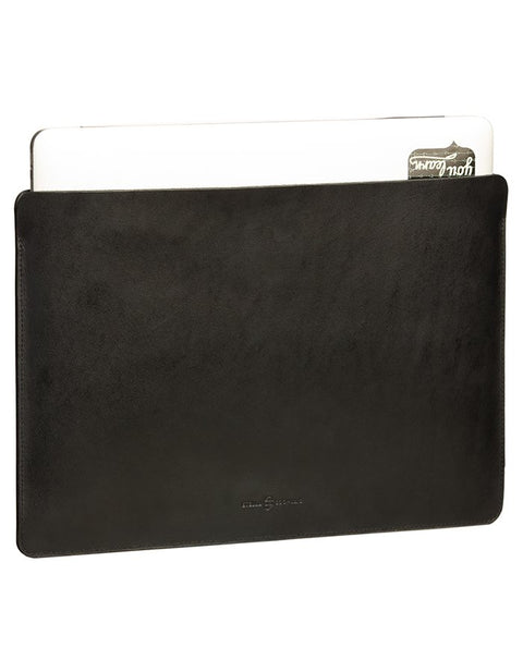 5. Black leather laptop sleeve with laptop and card partially inserted
