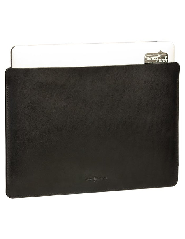 5. Black leather laptop sleeve with laptop and card partially inserted