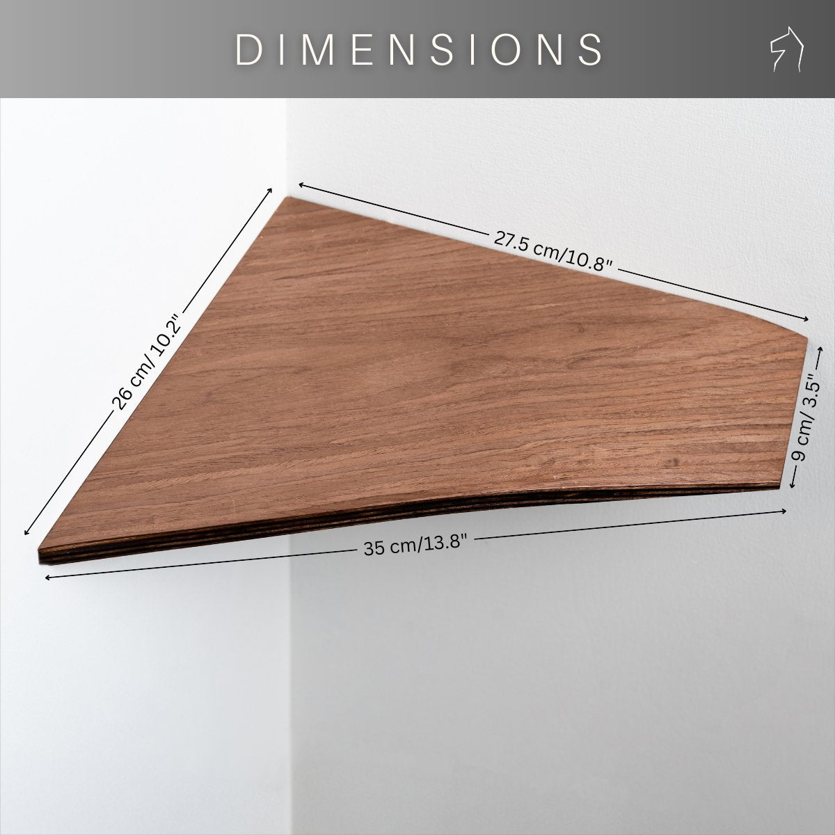 6. Size chart for ash wood corner shelf with dimensions 26 cm x 27.5 cm x 1 cm