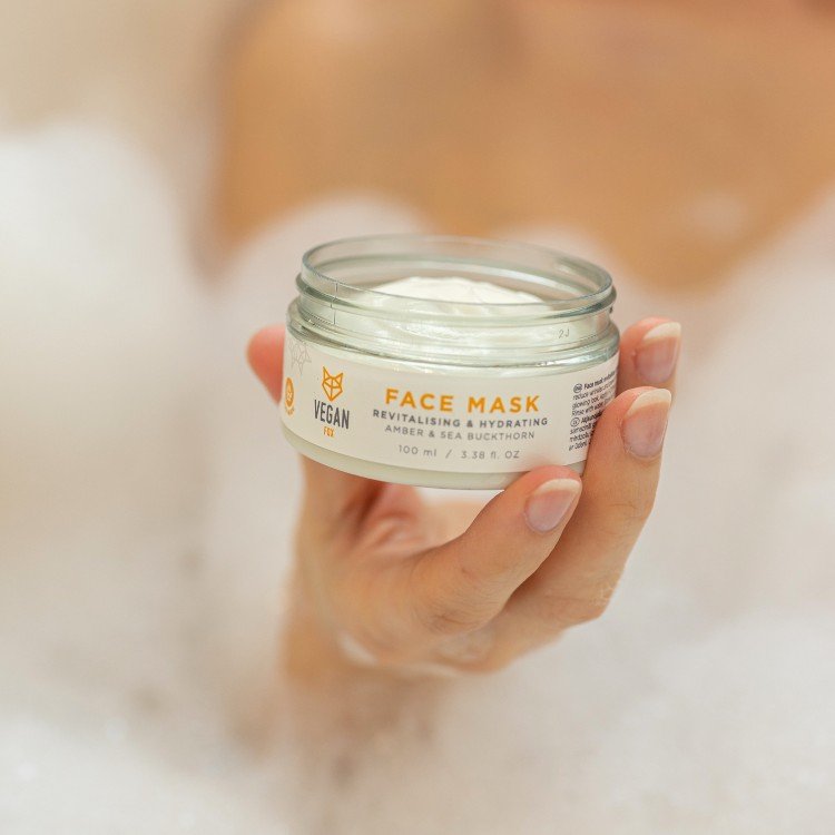 5. Vegan Fox Revitalising & Hydrating Face Mask jar on lace fabric with amber beads, 100 ml