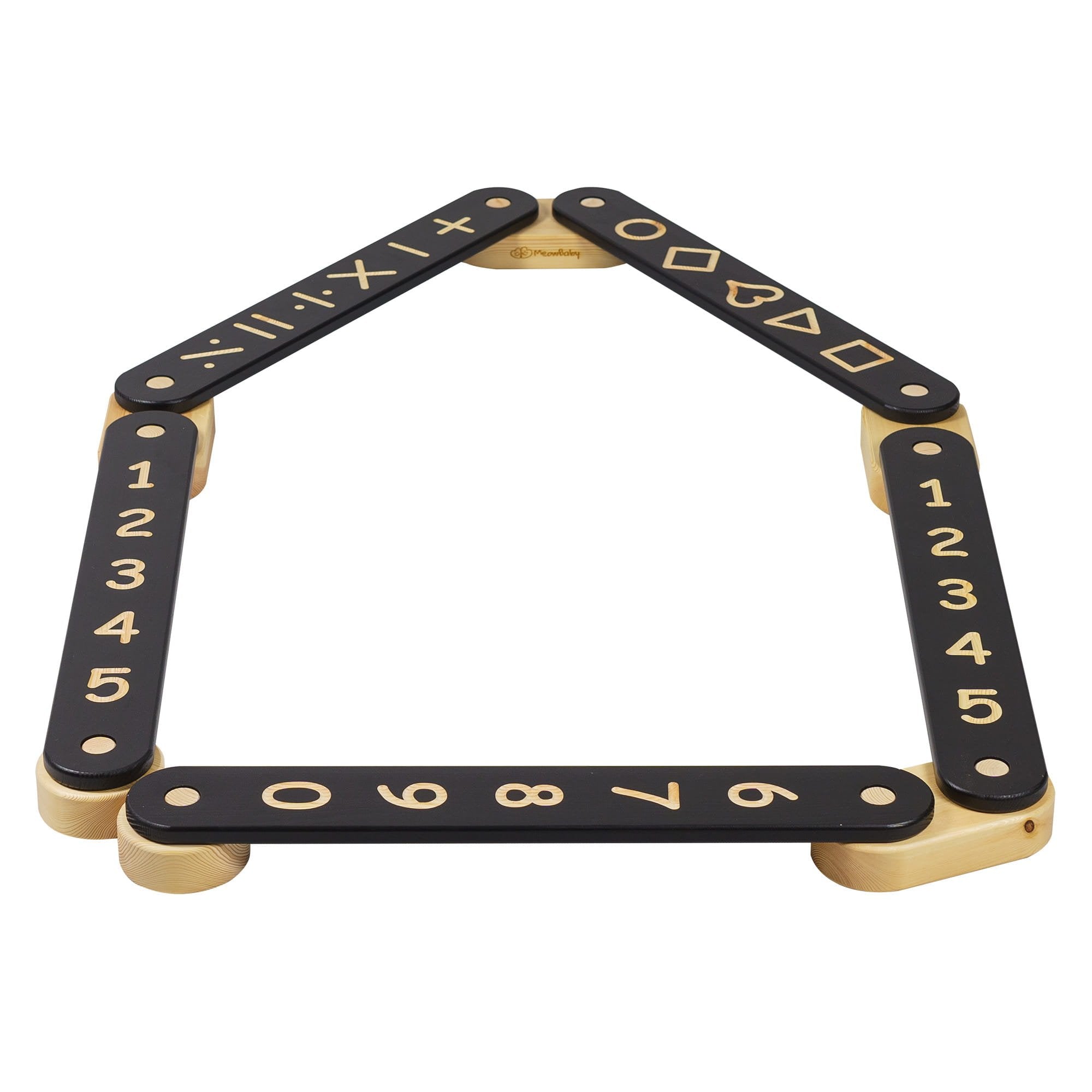 2. Wooden balance beam with dark surface featuring numbers and geometric shapes, arranged in a pentagon shape