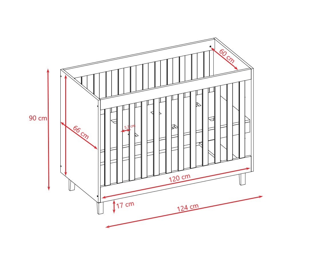 5. Size chart for grey baby cot showing dimensions and adjustable base heights
