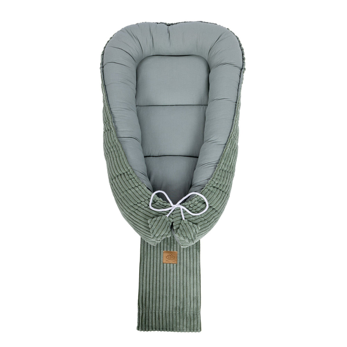 2. Olive green baby nest with ribbed fabric and drawstring closure, shown from top view