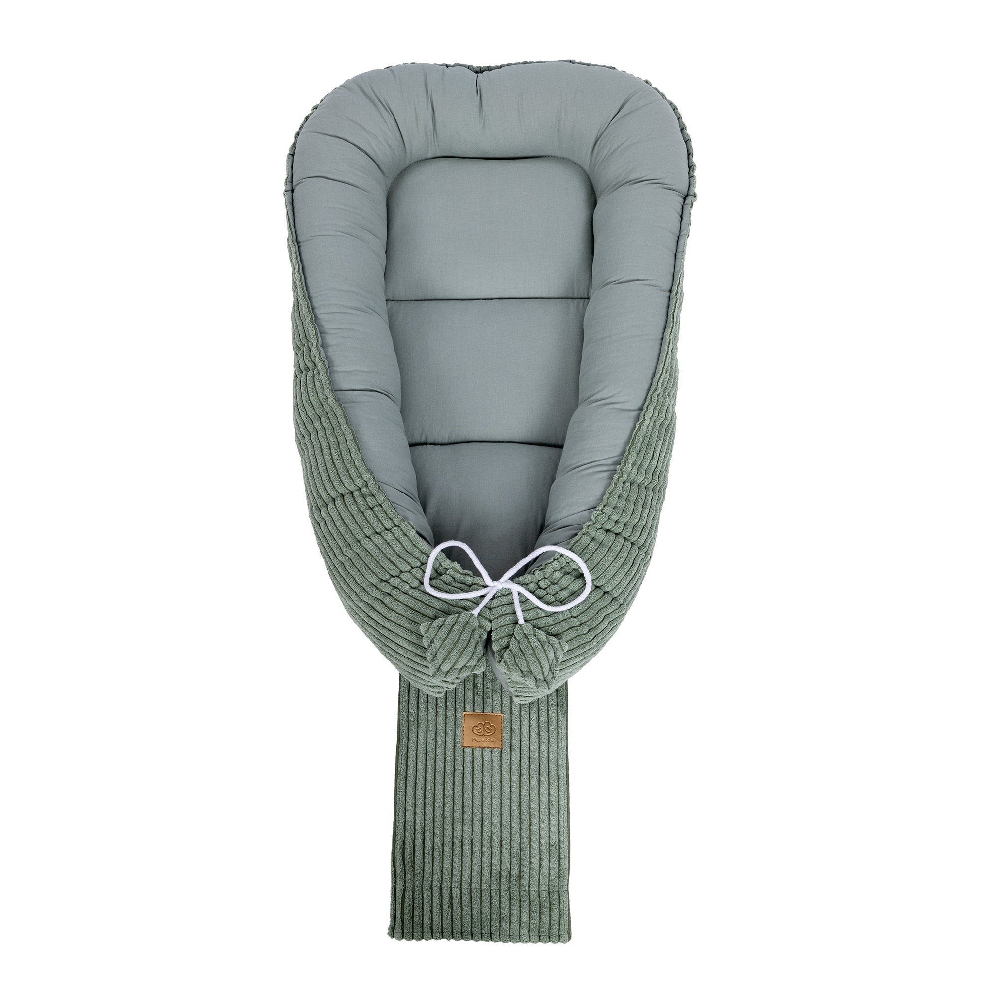 2. Olive green baby nest with ribbed fabric and drawstring closure, shown from top view