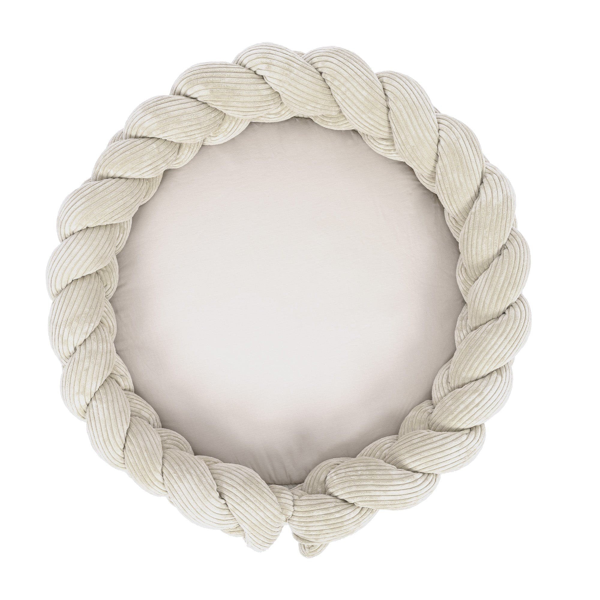 1. Ecru baby nest and play mat with braided crib bumper in ribbed corduroy and cotton, shown from top view