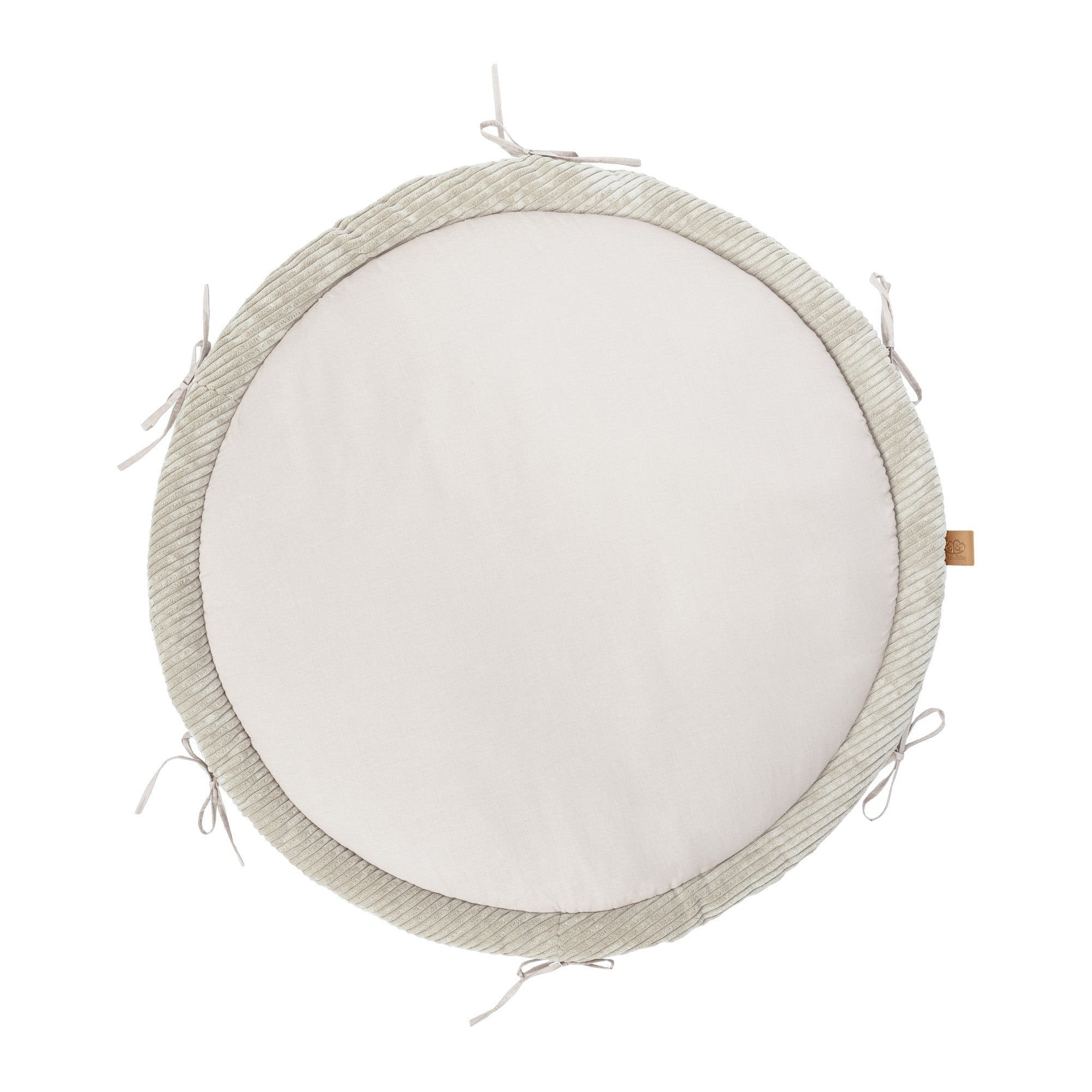 3. Ecru baby play mat with smooth center and ribbed border, featuring tie strings, shown from top view