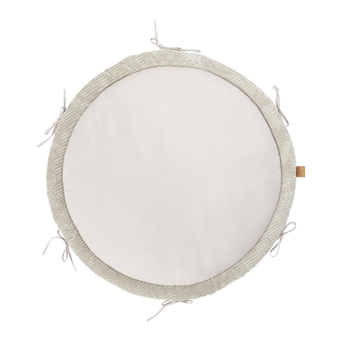 3. Ecru baby play mat with smooth center and ribbed border, featuring tie strings, shown from top view