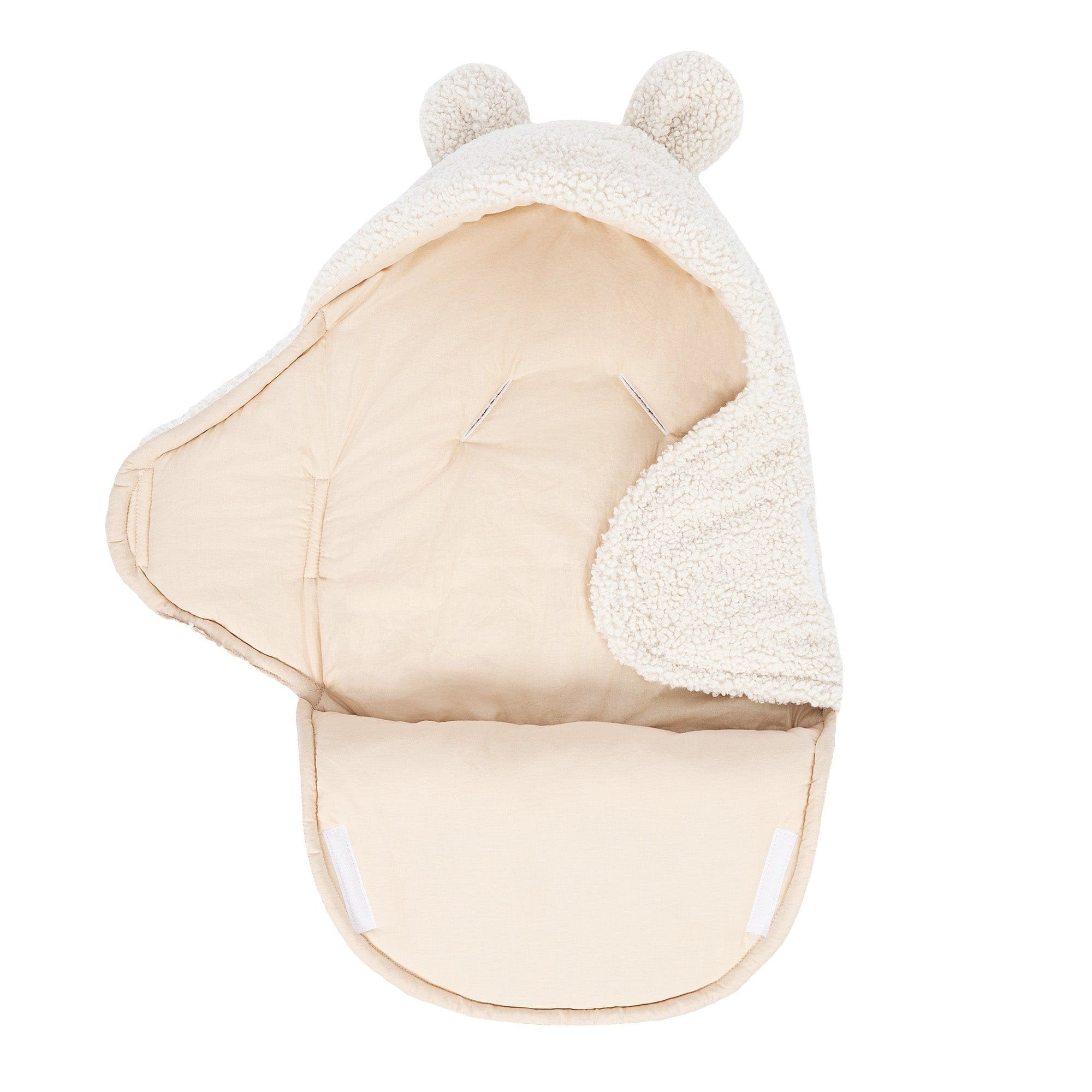 3. Cream baby swaddle with bear ears, side view with open flap, highlighting inner cotton lining