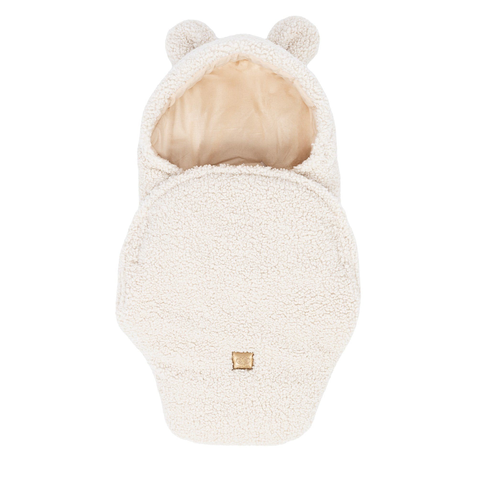 1. Cream baby swaddle with bear ears, shown from top view, featuring soft boucle material and velcro closure