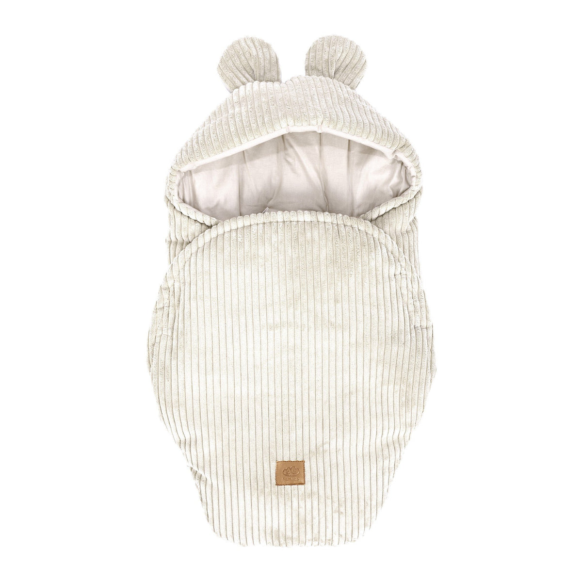 1. Ecru baby swaddle with bear ears in ribbed corduroy, front view, MeowBaby brand