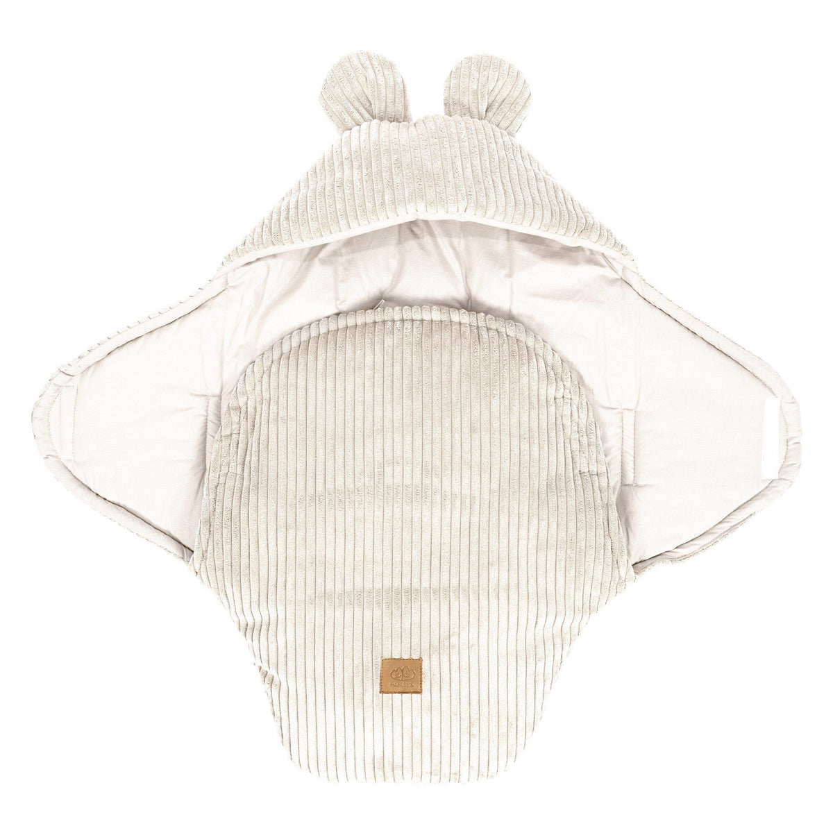 6. Ecru baby swaddle with bear ears, open showing ribbed corduroy and cotton lining, MeowBaby brand
