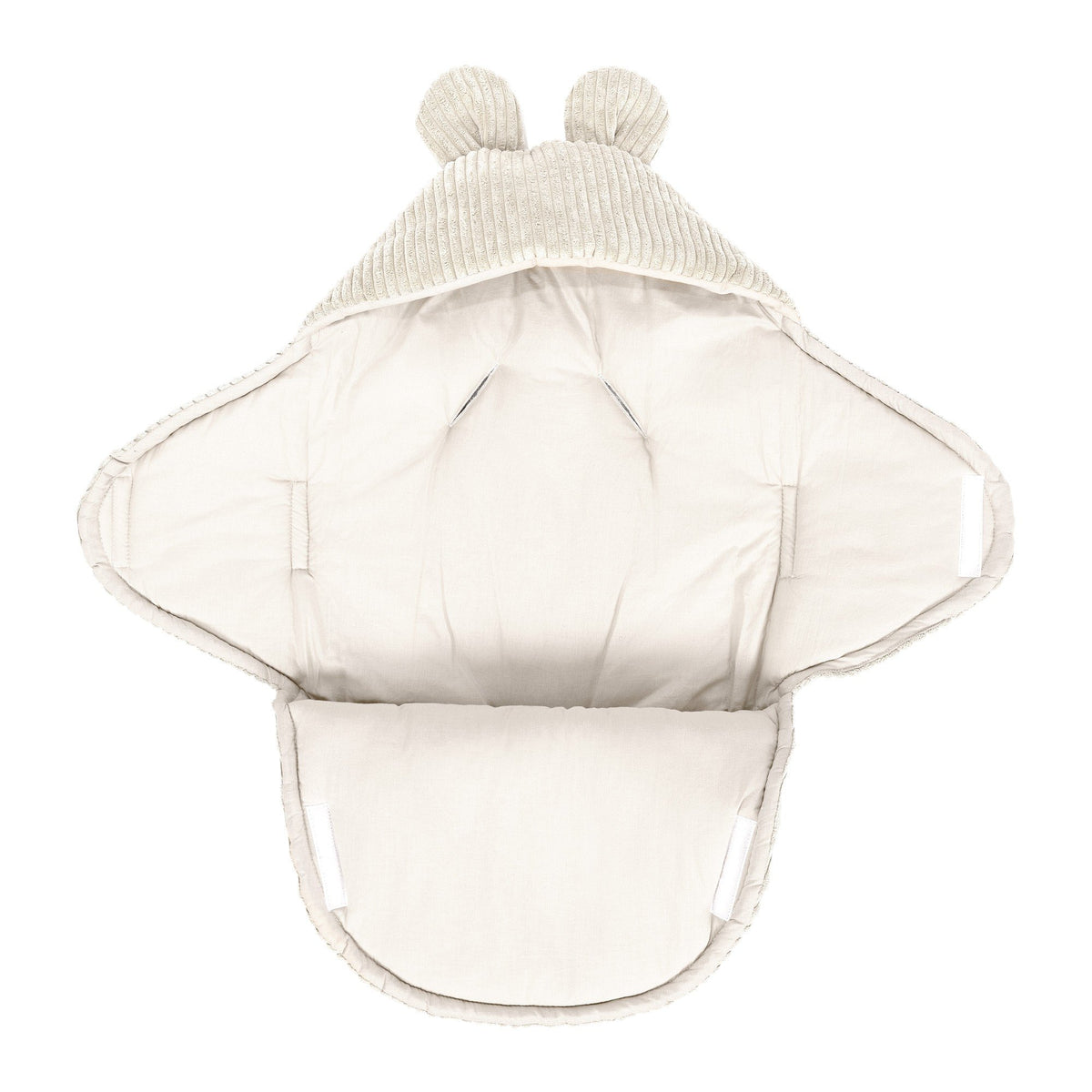 4. Ecru baby swaddle with bear ears, fully open showing interior, MeowBaby brand
