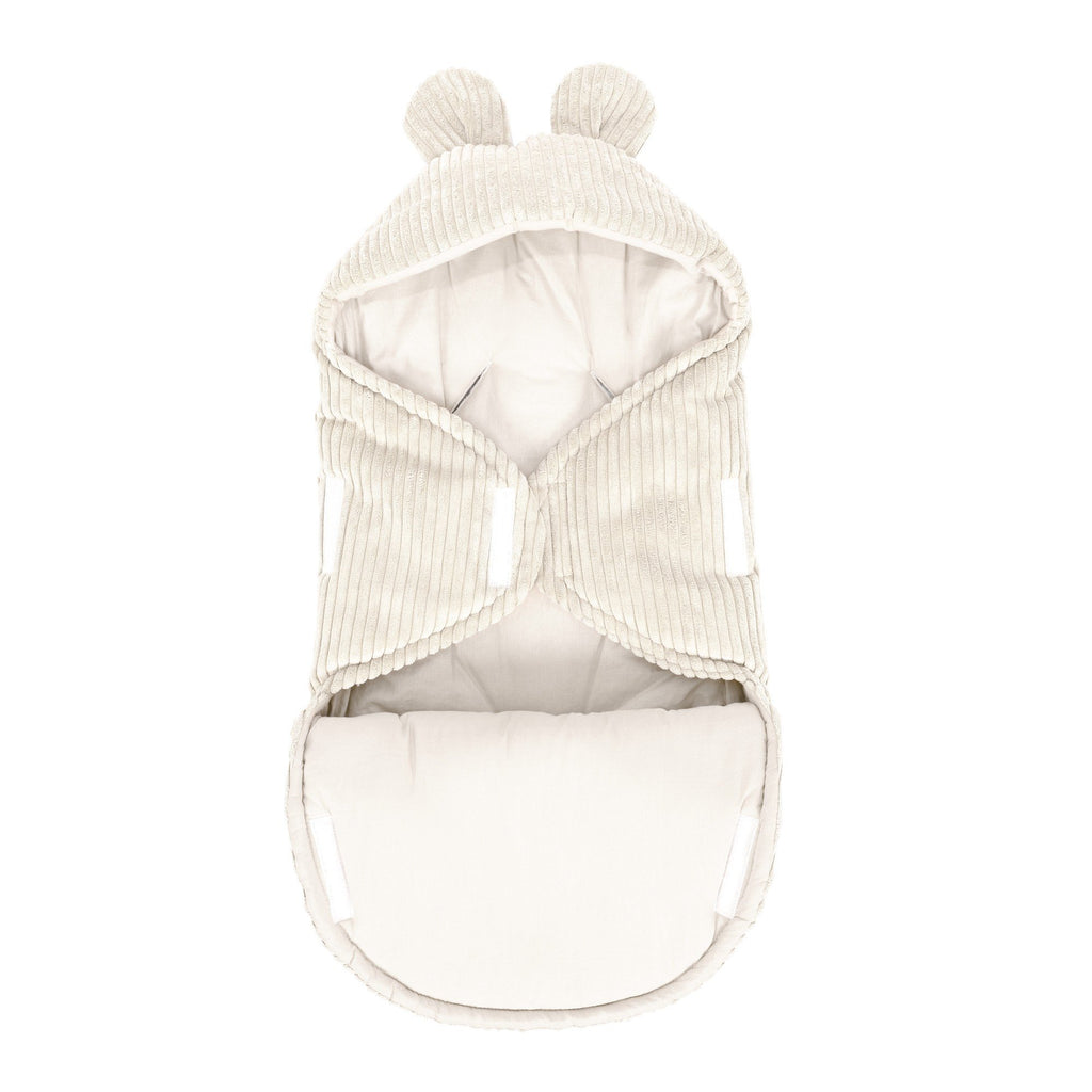 2. Ecru baby swaddle with bear ears, open view showing inner cotton lining, MeowBaby brand