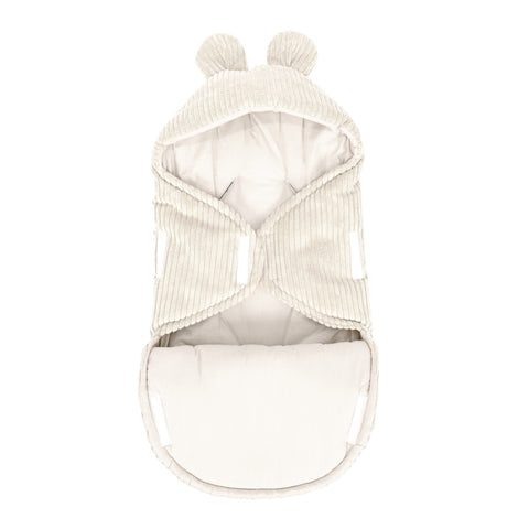 2. Ecru baby swaddle with bear ears, open view showing inner cotton lining, MeowBaby brand