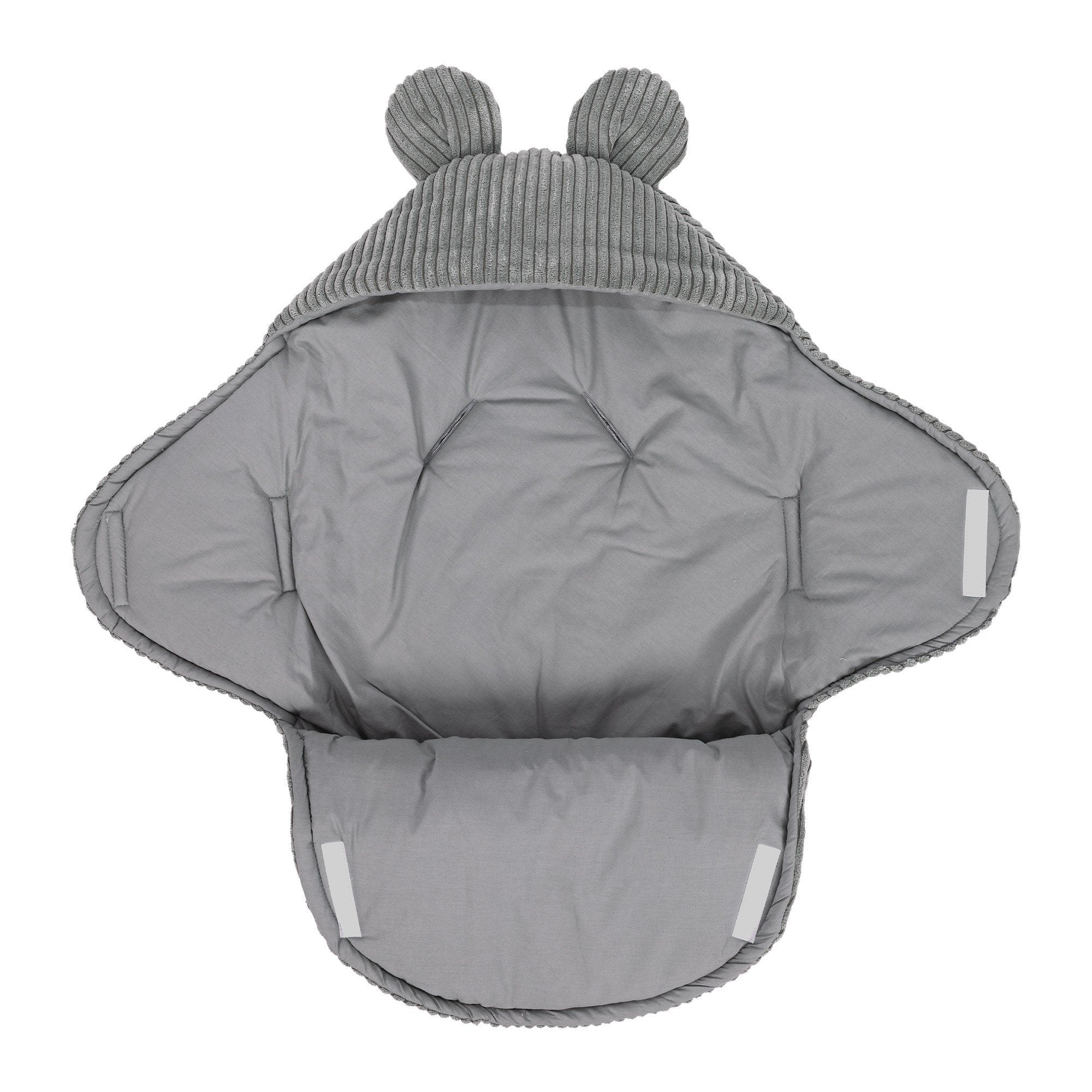 2. Grey baby swaddle with bear ears made of ribbed corduroy, fully open showing inner cotton lining