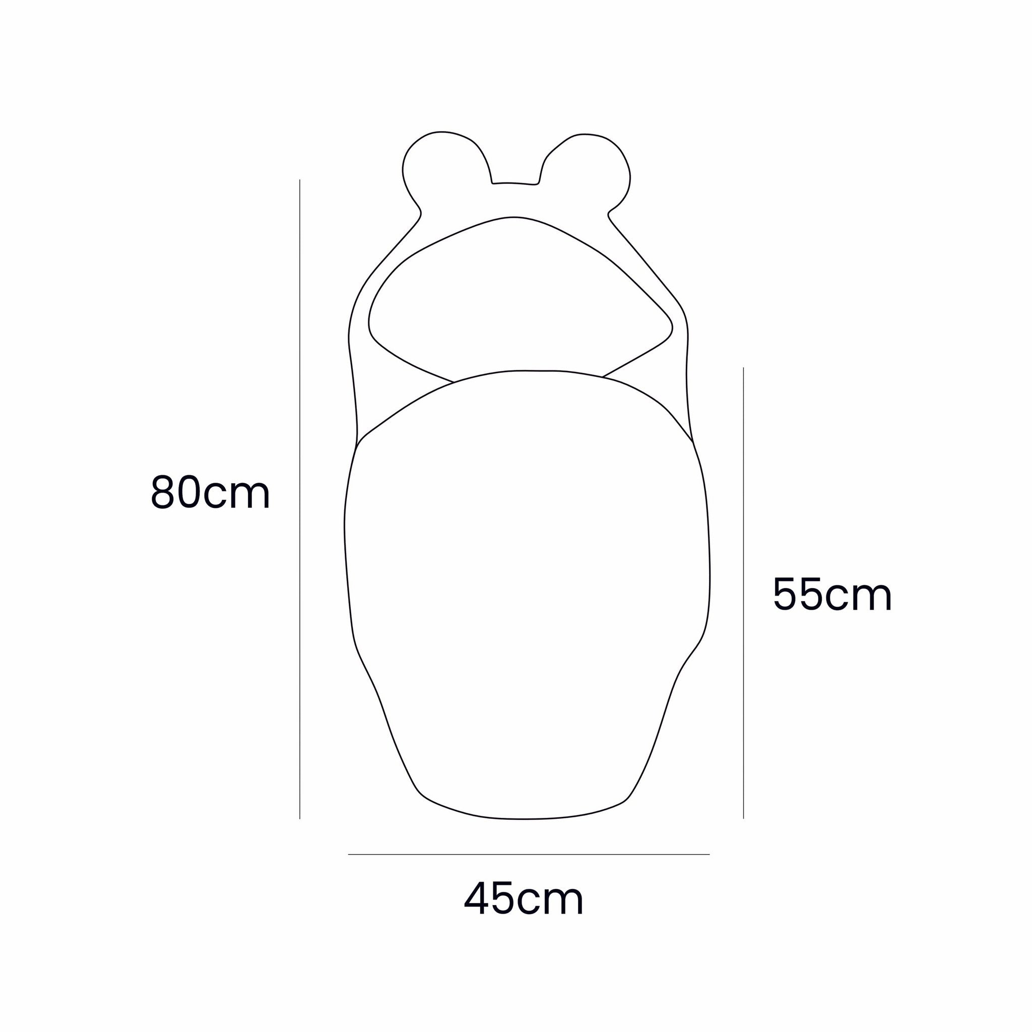 2. Size chart for baby swaddle with bear ears showing dimensions 45 x 80 cm
