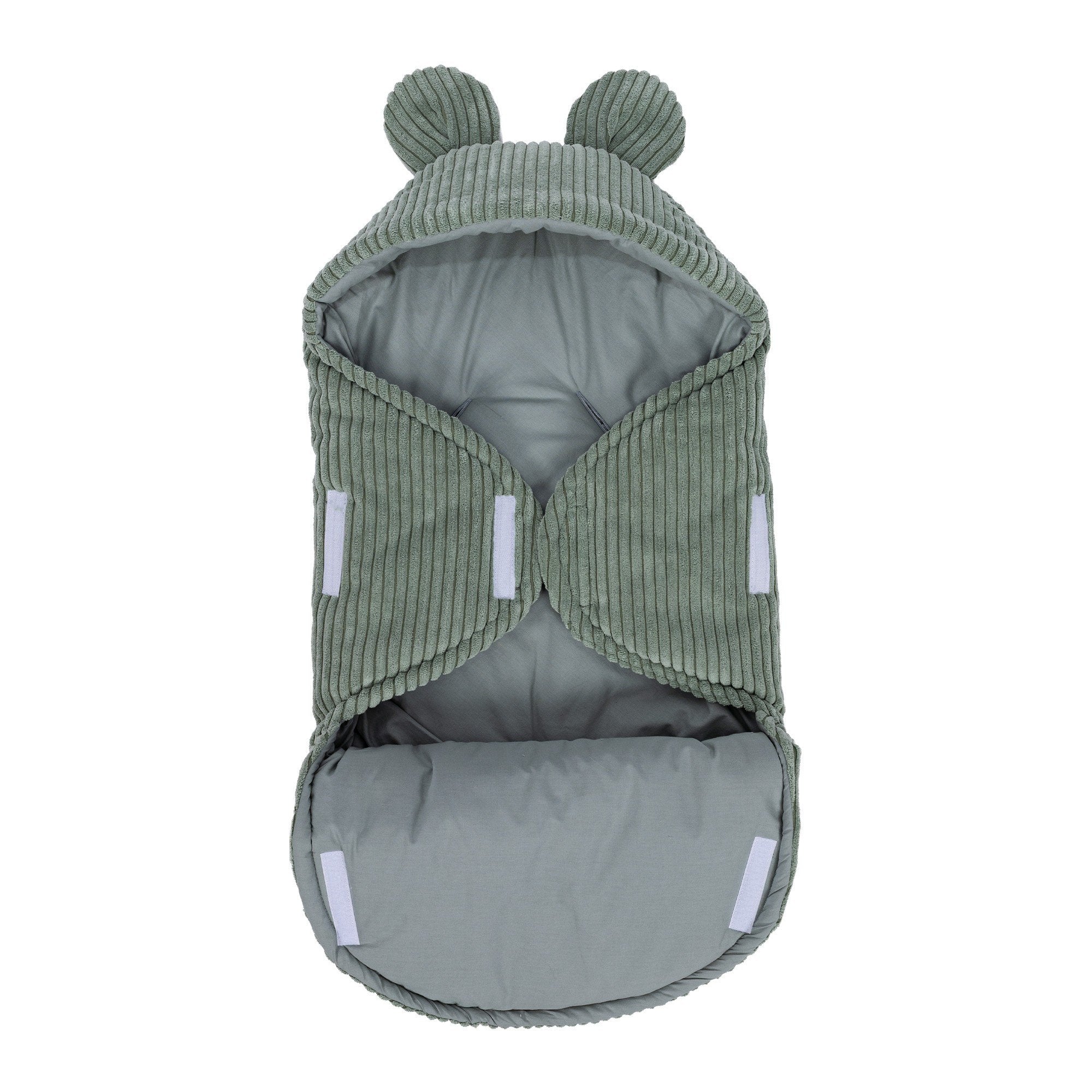 5. Olive green baby swaddle with bear ears, closed view, ribbed corduroy outer, cotton inner