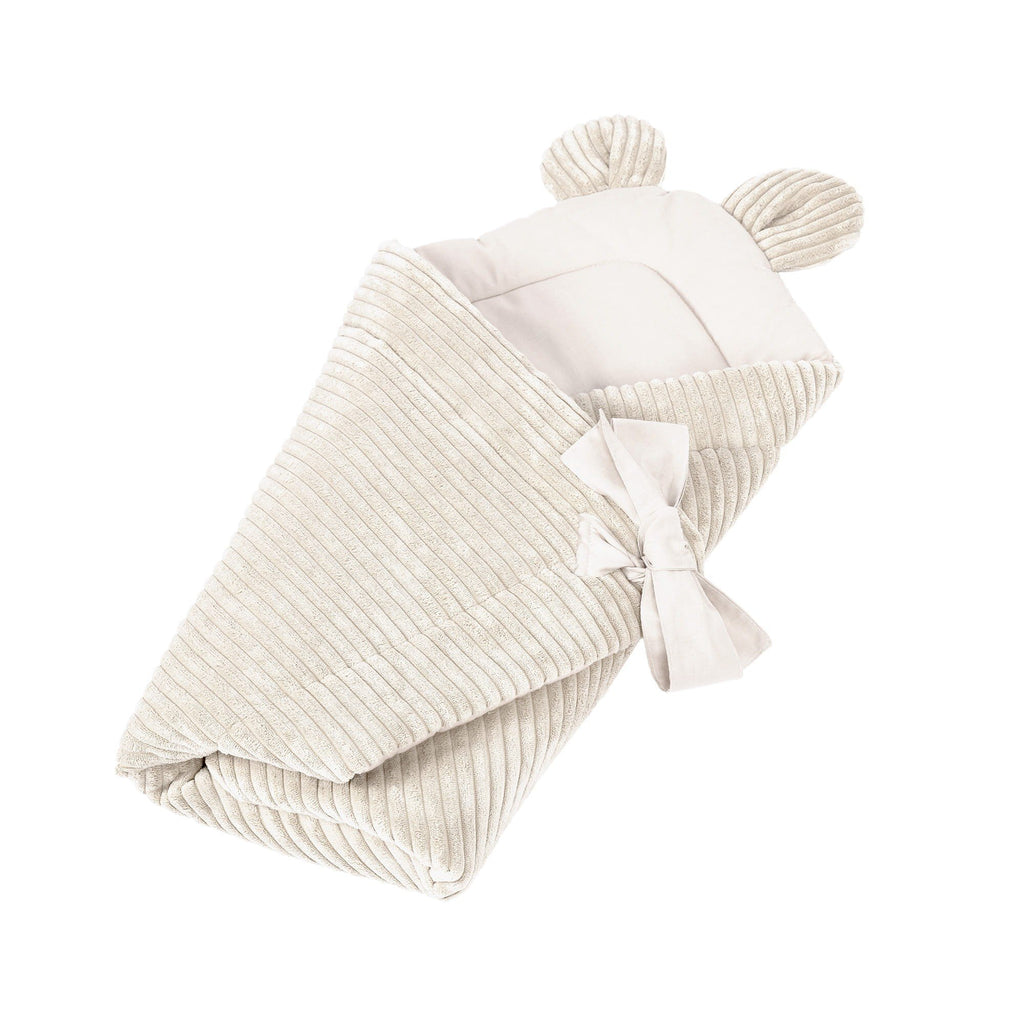 2. Ecru baby swaddle wrap with ribbed texture and bear ears, adjustable tie closure, made from soft Oeko-Tex certified cotton, angled view on white background