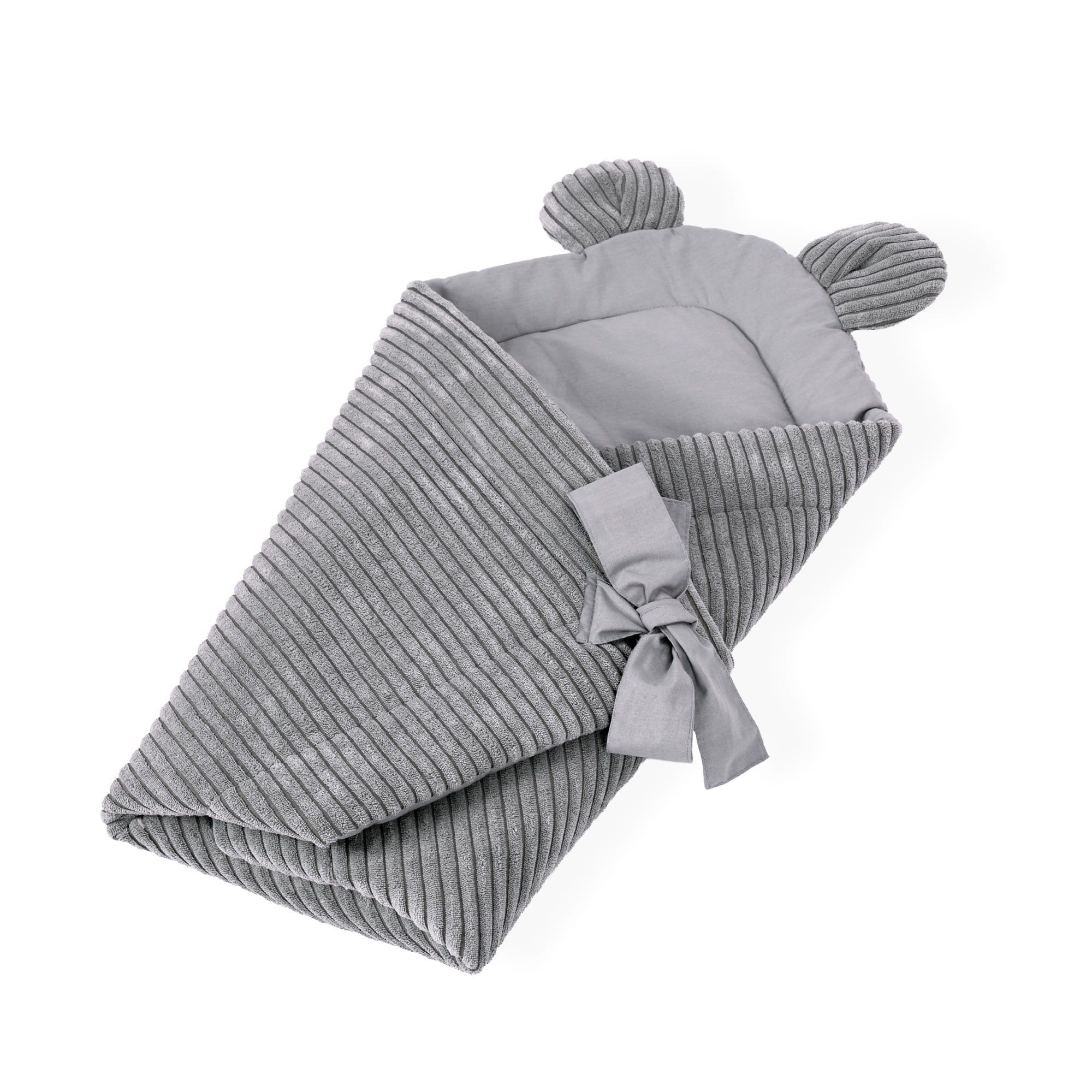 2. Side view of grey baby swaddle wrap with bear ears and adjustable tie, crafted from ribbed Oeko-Tex certified cotton, on a white background
